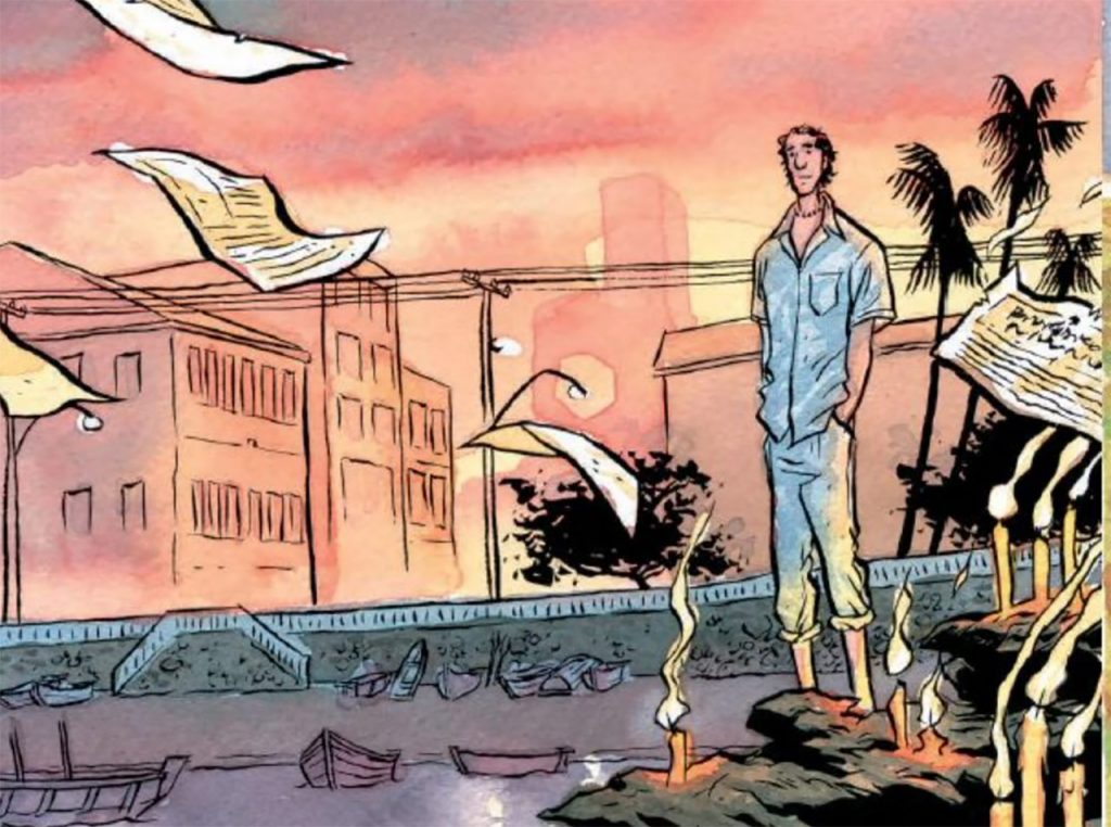 graphic novel panel with man standing amid newspapers flying