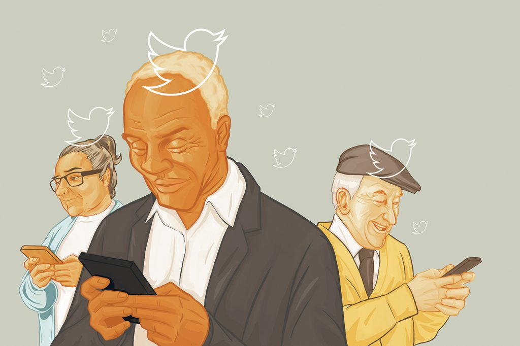Elderly people hold smartphones and are meant to be tweeting on Twitter.