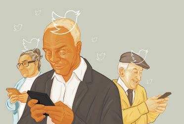 Elderly people hold smartphones and are meant to be tweeting on Twitter.