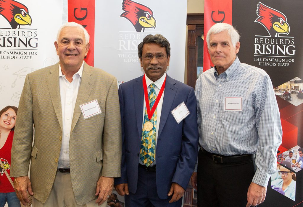 (Left to right) David Crumbaugh ‘73, donor of the Thomas E. Eimermann Professorship, Distinguished Professor Ali Riaz, and Professor Emeritus Thomas Eimermann at the inaugural Thomas E. Eimermann Professorship induction ceremony April 25, 2019.