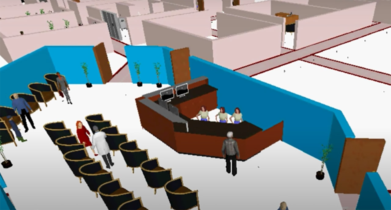 A waiting room visual created using virtual simulation technology. Simio's simulations test waiting line models, among other concepts.