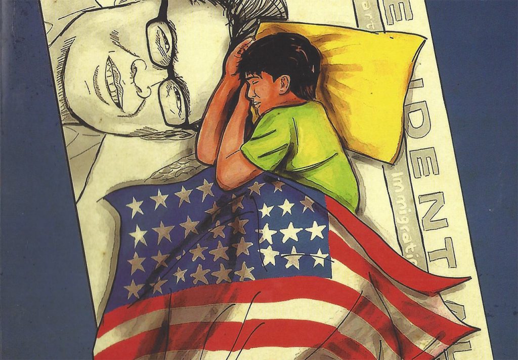 boy sleeping under an United States flag