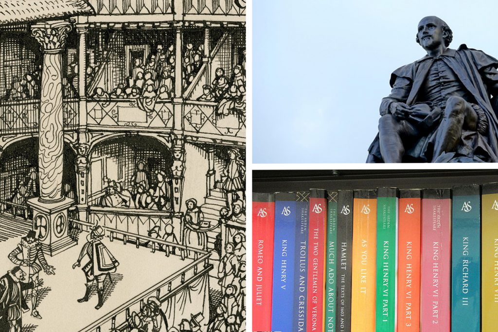 Beyond the Stage branding: photo collage that includes a sketch of actors on Shakespeare's Globe Theatre, a statue of Shakespeare, and a library of Shakespeare's plays