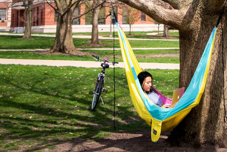 student using computer in hammock on the Quad