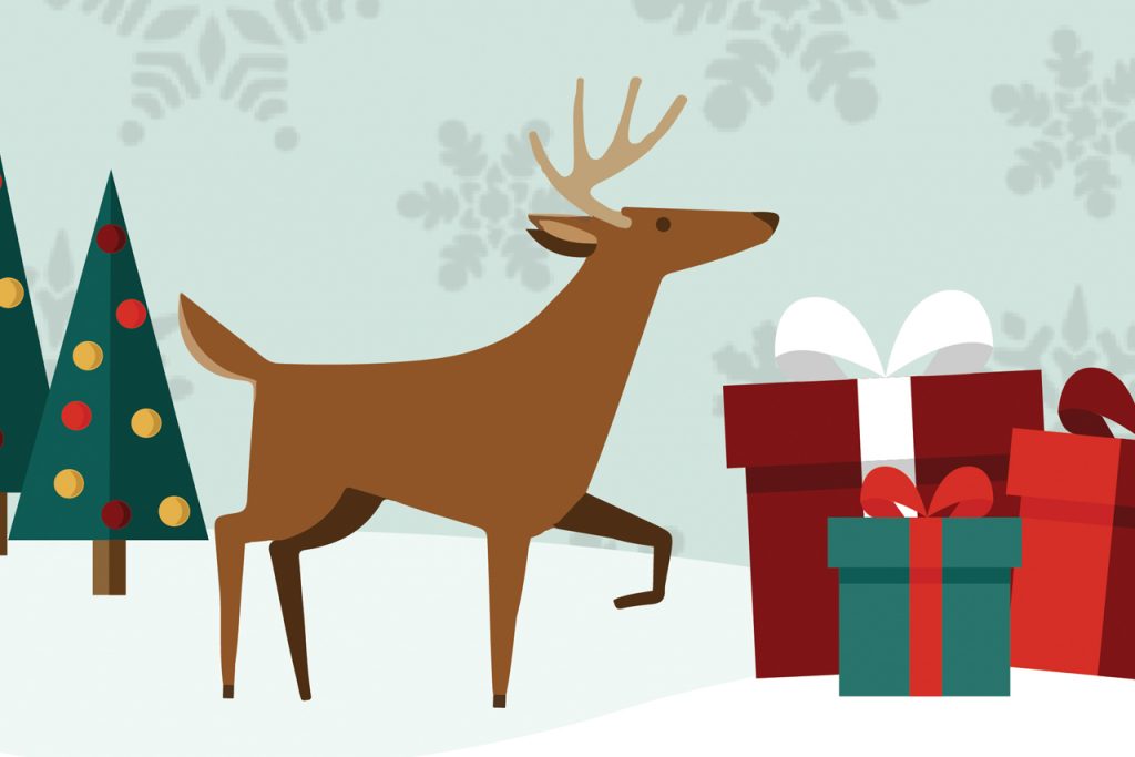 Illustrated image of a reindeer and gifts