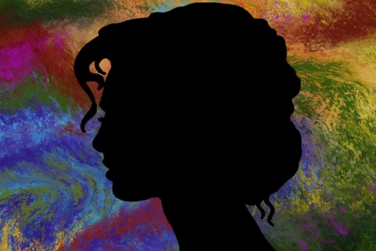 Artwork from TOP GIRLS program depicting a silhouette of a woman against a multi-colored background