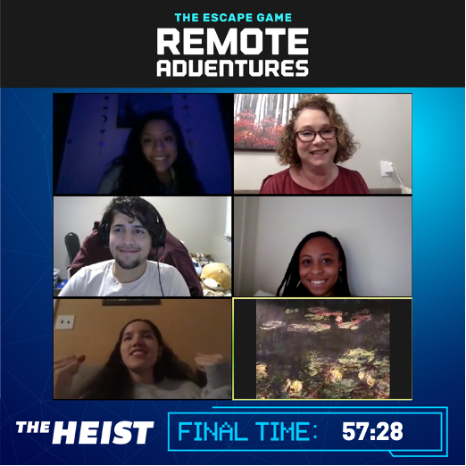 Text on Zoom image: The Escape Game Remote Adventures The Heist Final time: 57:28