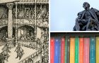 Photo collage of a bookshelf, illustration of a theatre, and a statue
