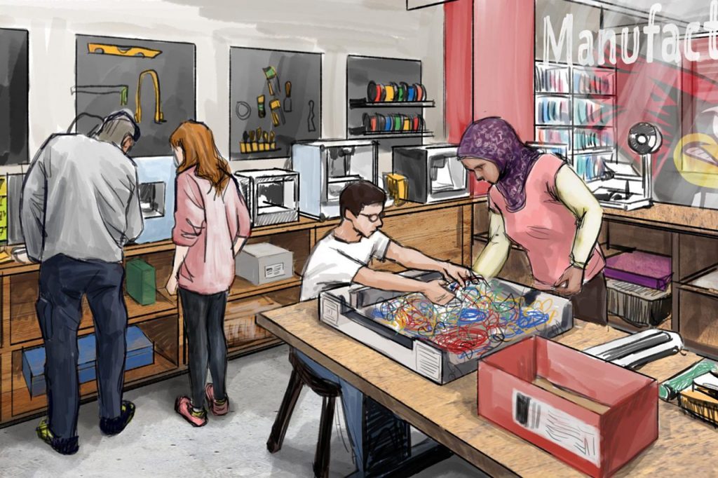 A conceptual sketch of ISU's new makerspace that will be part of the Illinois Innovation Network.