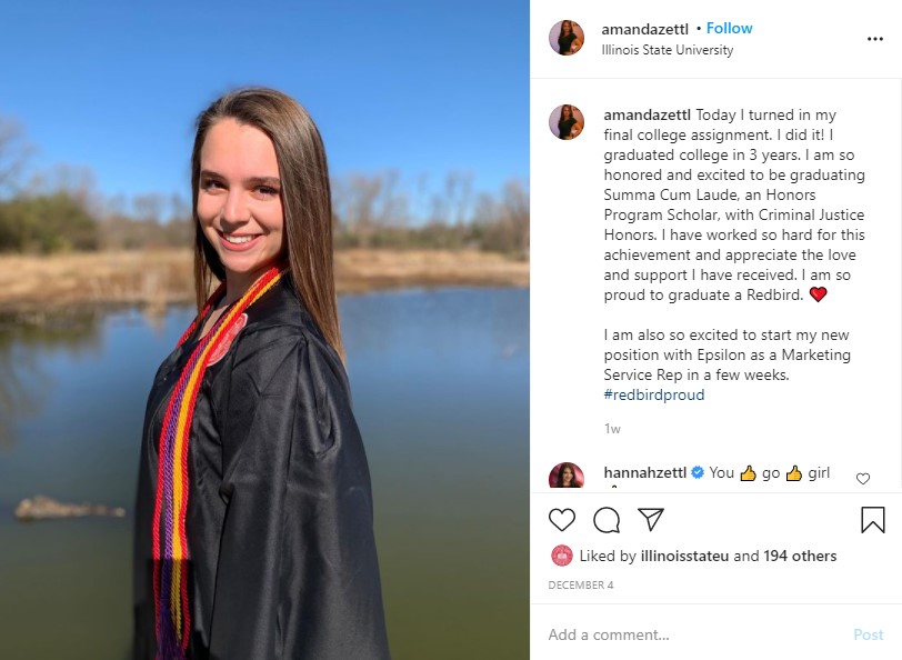 Instagram post of Amanda Zettl in her graduation gown.
