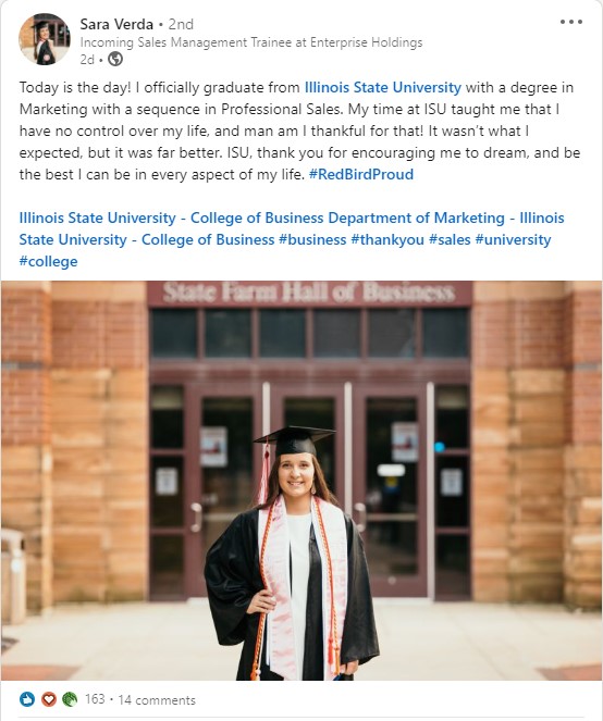 LinkedIn post from Sara Veda in her cap and gown.