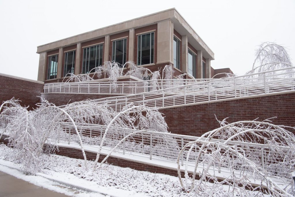 The Bone Student Center after an ice and snow hit campus in early January 2021.