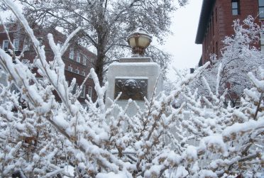 An entry to the Quad after an ice and snow hit campus in early January 2021.