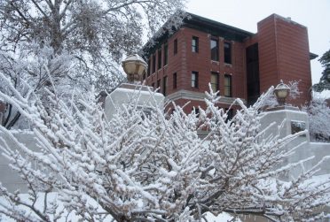 Moulton Hall after an ice and snow hit campus in early January 2021.