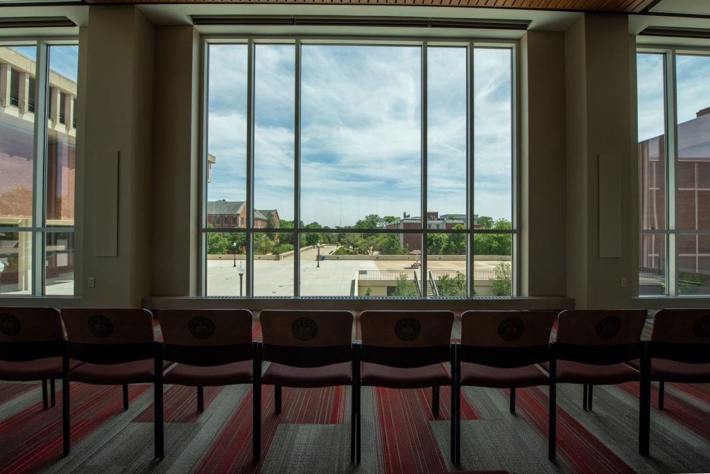 View from inside to outside of the Atrium on the third floor of the Bone Student Center.