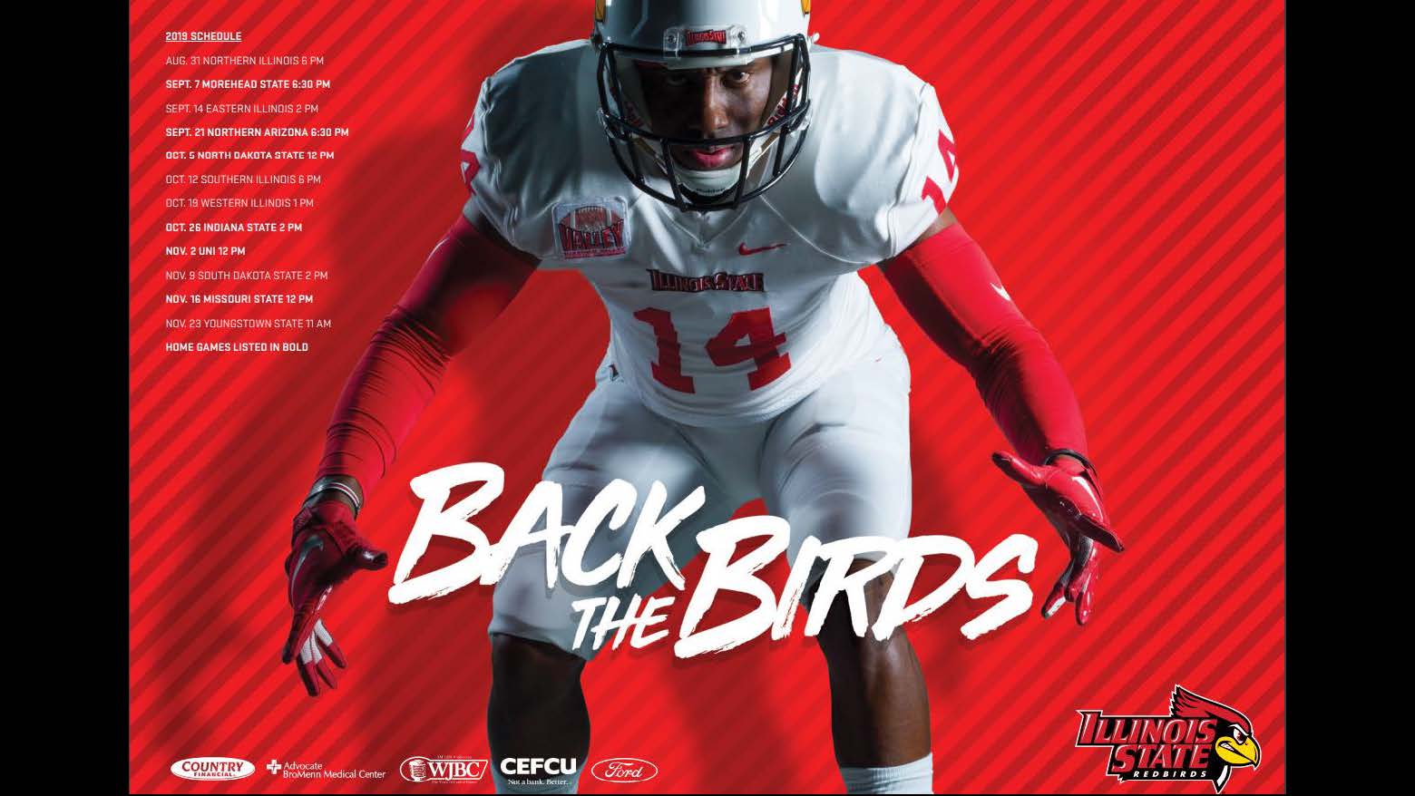Design, Poster Series (Bronze): Illinois State University Athletics poster series designed by Michael Mahle and Evan Walles and with photography by Lyndsie Schlink for Redbird Athletics. Football player Back the Birds