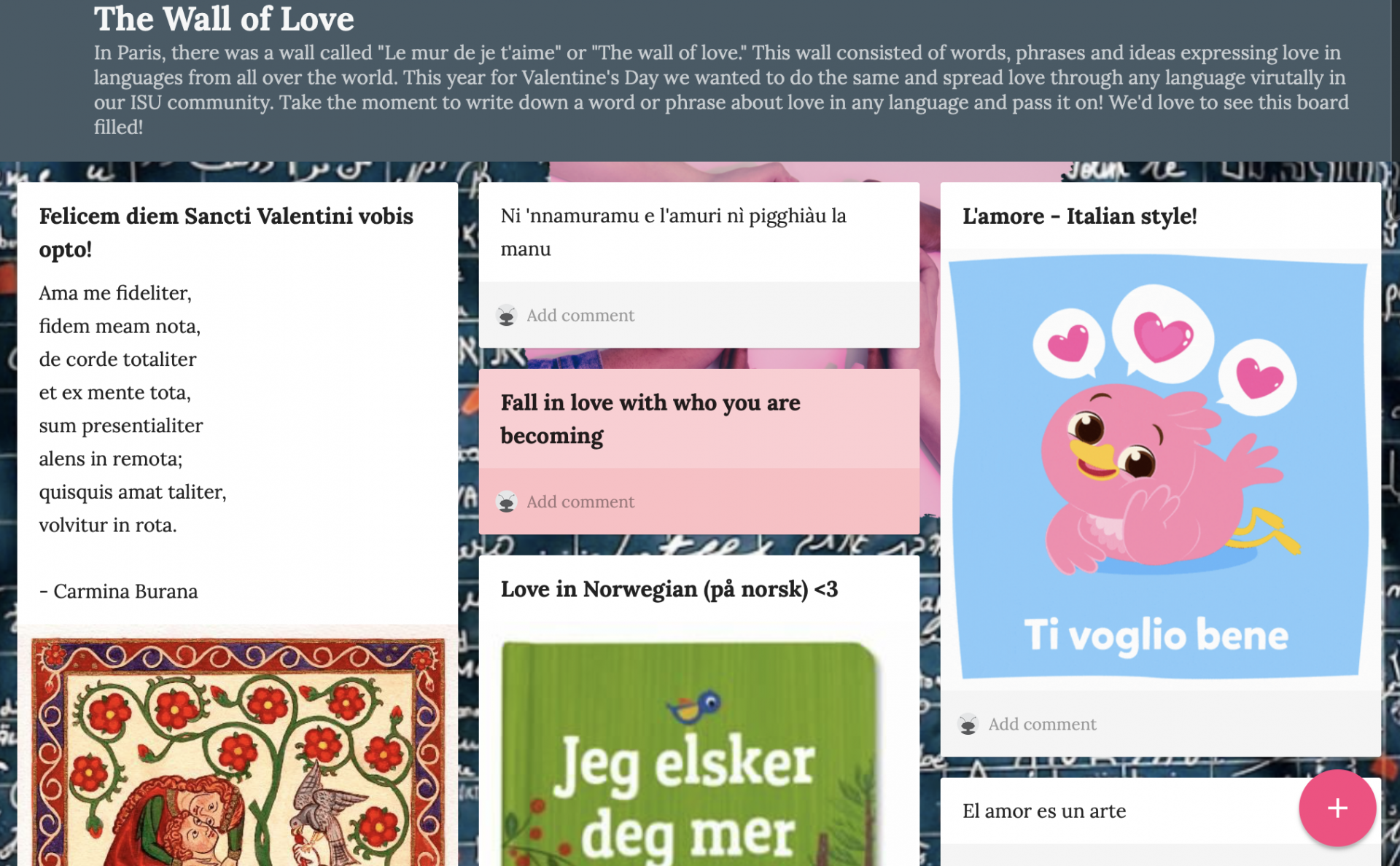 A screenshot of this year's online "Wall of Love," showing the words "I love you" in many different languages.