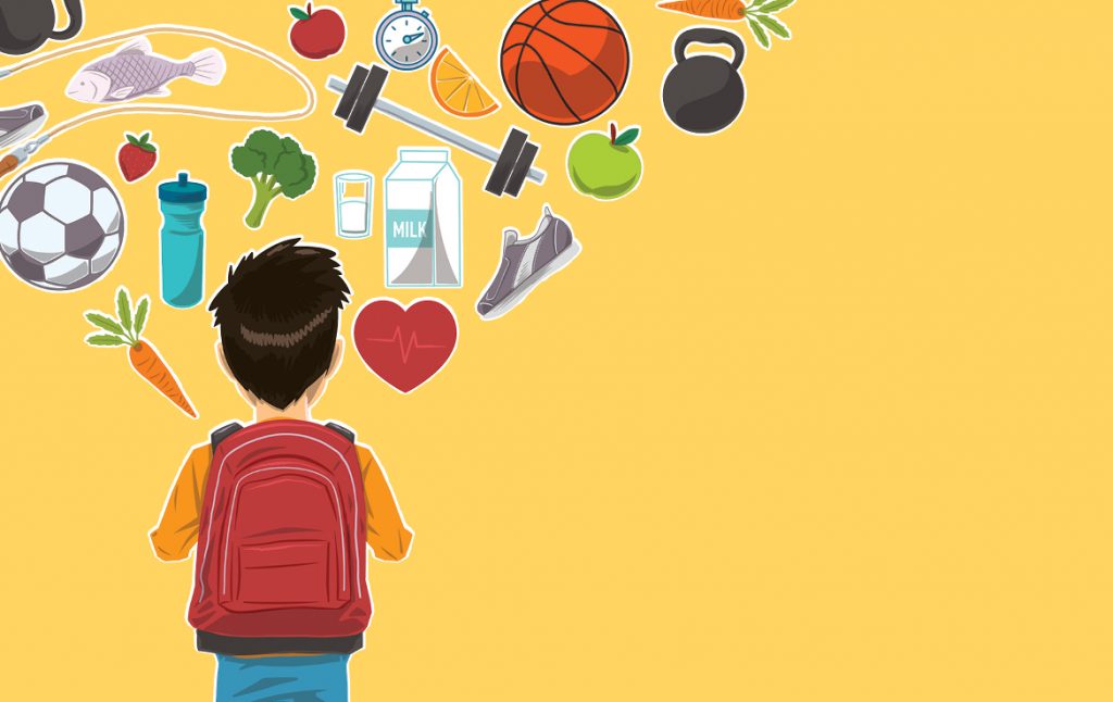 illusration of a boy with wellness items floating in the air on a yello background