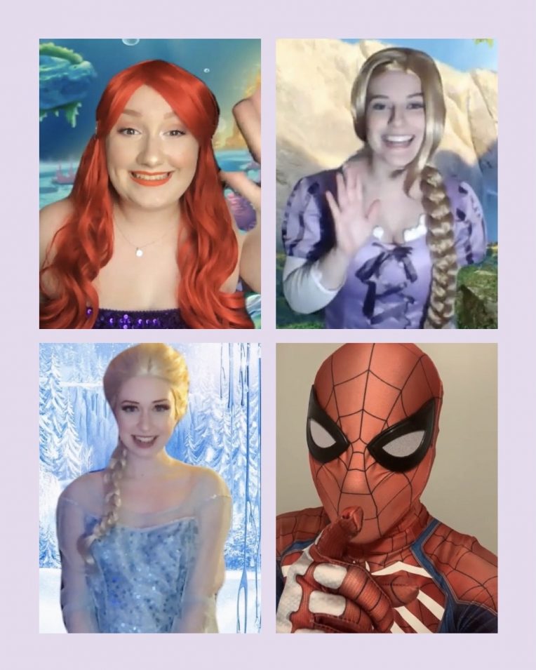 Students dressed as the Little Mermaid, Rapunzel, Elsa, and Spiderman smiling and waving