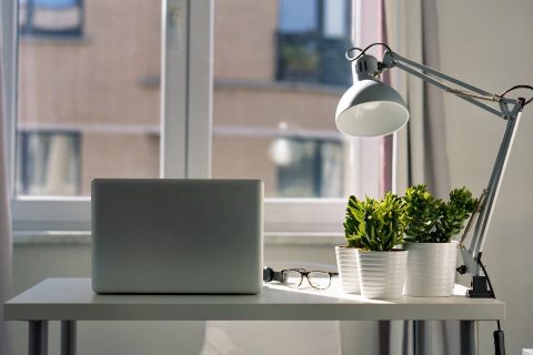 Scene in an aparment showing a desk in front of a window with a laptop and plants next to a lamp