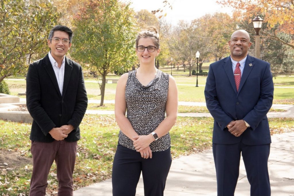 New faculty members Jason Reblando, Samantha McDonald, and Nathan Stephens pose for a photo on the Illinois State University quad.