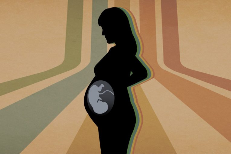 Production image for the play ROE depicting a pregnant woman