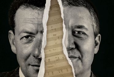Redbird Scholar Spring 2017 cover textless showing Benjamin Britten and Dr. Justin Vickers separated by a ripped page of music composition