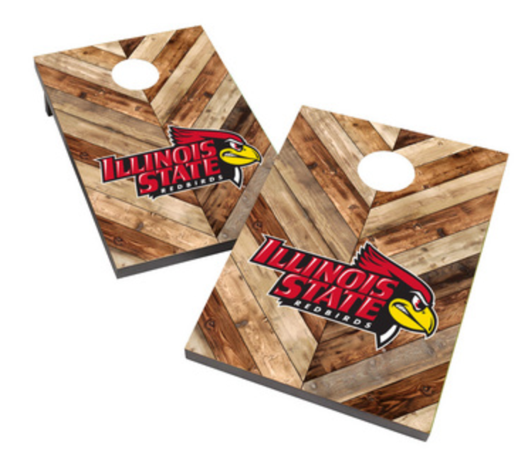 Athletics primary logo on bag toss boards with chevron wood pattern.