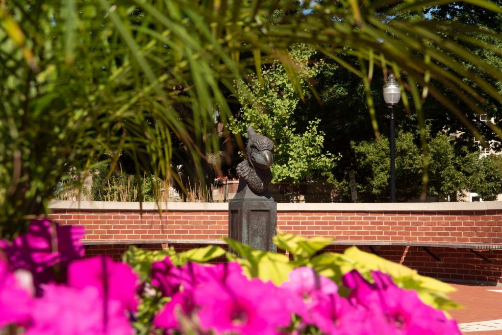 The bust of Reggie Redbird framed by purple flowers and green leaves