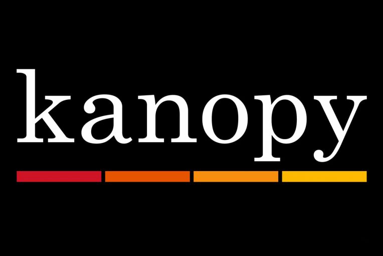 Kanopy logo: the word kanopy in lowercase serif font and dashes below the word in a red to yellow ombre gradient