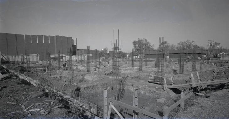 Photograph of the construction of Milner Library's present building in 1972. The Bone Student Center can be seen in upper lefthand corner. 
