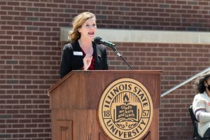 Assistant Vice President for Student Affairs Dr. Danielle Miller-Schuster speaks at the Bone Student Center rededication.
