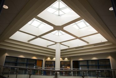 Skylight in the STudent Sevices Building with the Student COunseling Services in the background