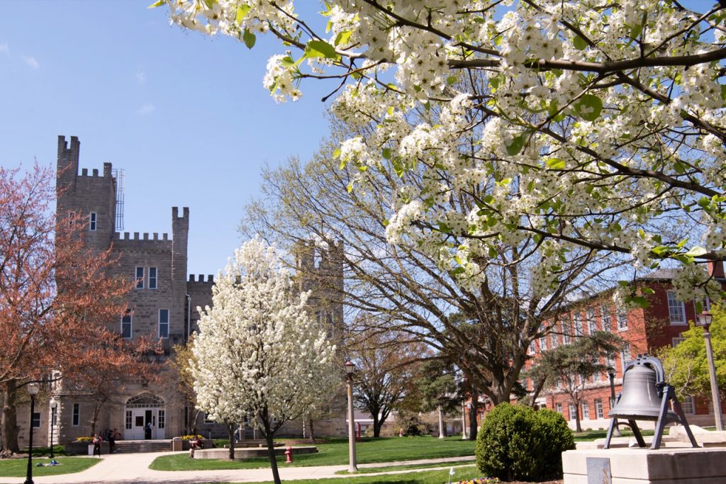 An outdoor photograph of the Illinois State University Quad including flowering trees, Cook Hall, and the Old Main Bell