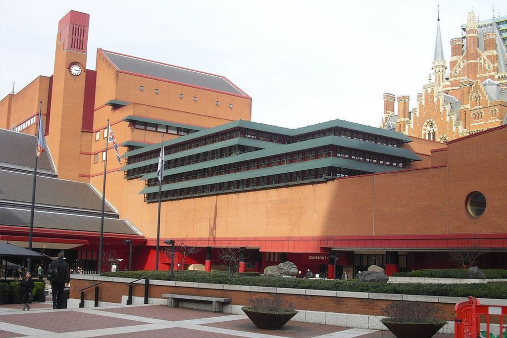 Exterior photo of British library, London, a modern brick building