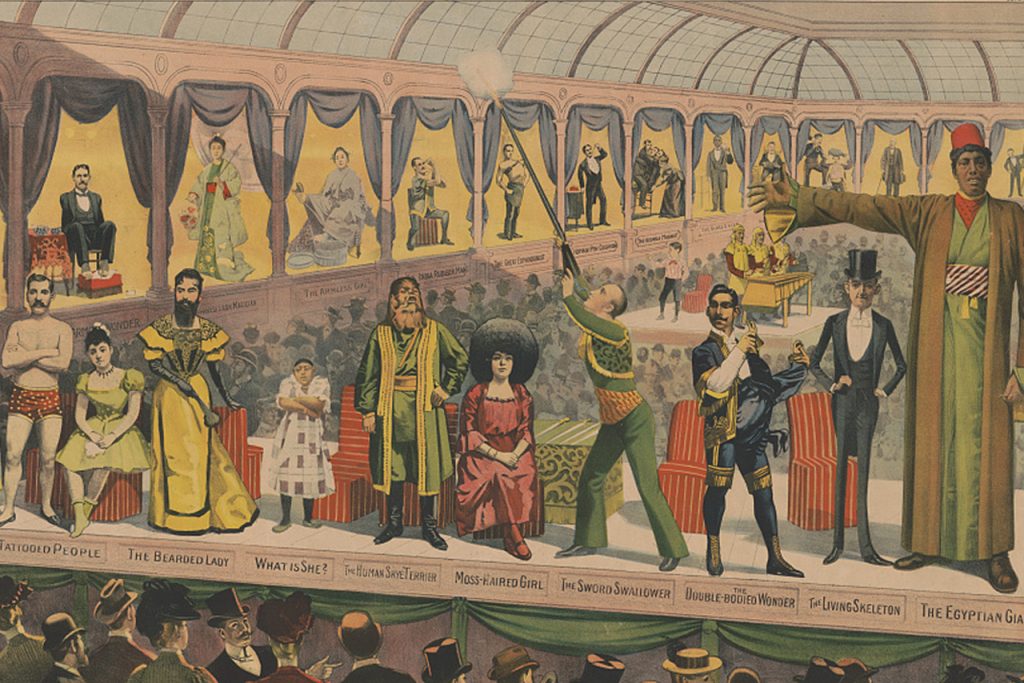 An excerpt of a circus poster from the late 1800's that shows a variety of diverse circus performers standing on stage