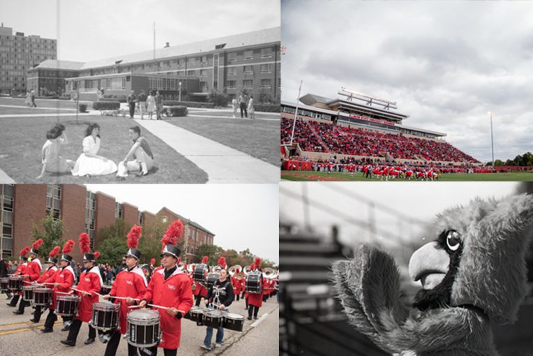 upper left: old photo of residence hall, upper right: football field, lower left: marching band, lower right: old reggie mascot