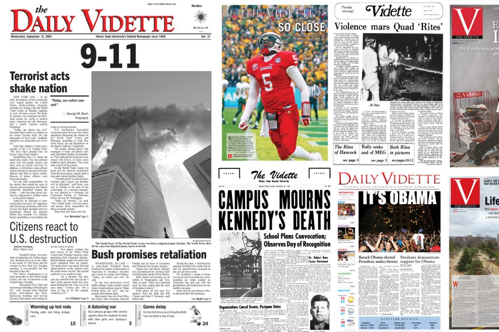 Collage of Daily Vidette front pages including the September 11 attacks, John F. Kennedy’s death, Barack Obama’s election.