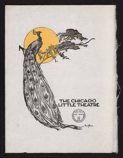 program cover with a peacock resting on a tree limb in front of a sun and the words The Chicago Little Theatre