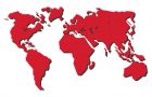 Stylized world map in red.