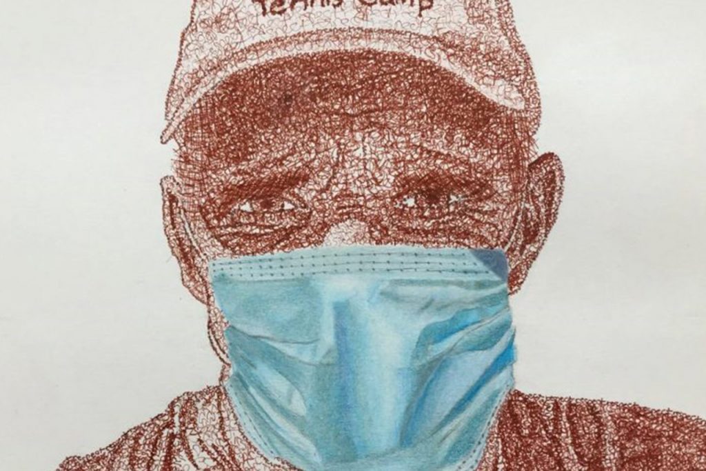 artist rendering of a tennis coach wearing a hat and face mask