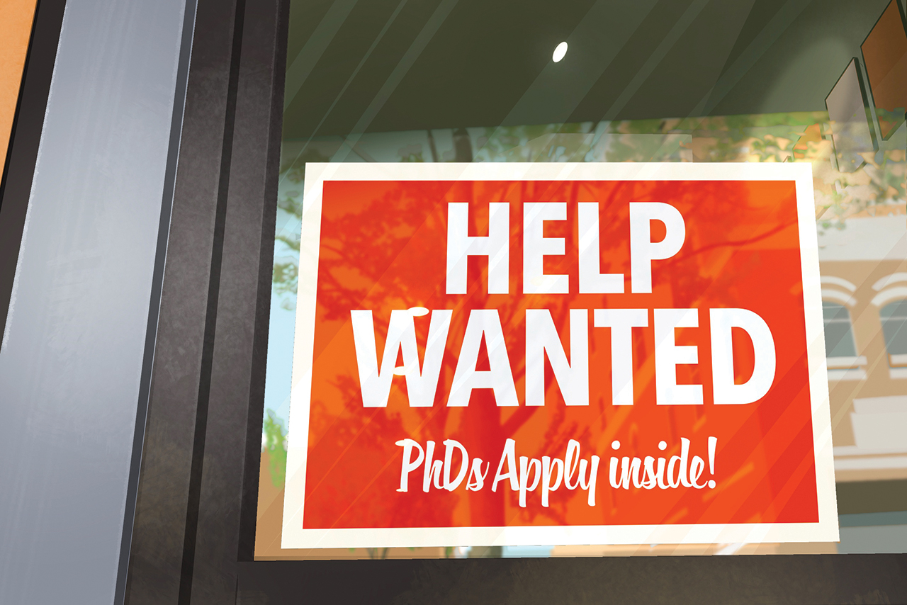 Help Wanted sign in window of a coffee shop, "PhDs apply inside"