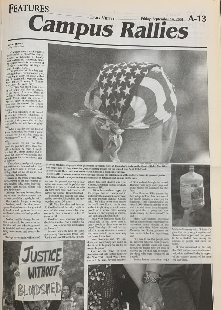 Copy of the story Dr. Hopper wrote that was published in the September 14, 2001 Vidette.