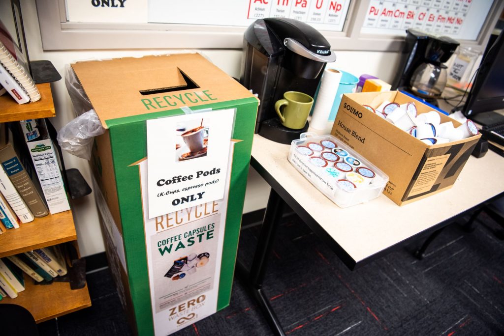 The Zero Waste Box designated for coffee pods sits beside the Keurig machine in the Chemistry Department office.