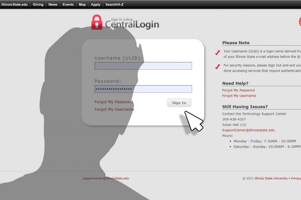 Illustration of a login screen with a looming shadow over it and a pointer icon on the sign in button.