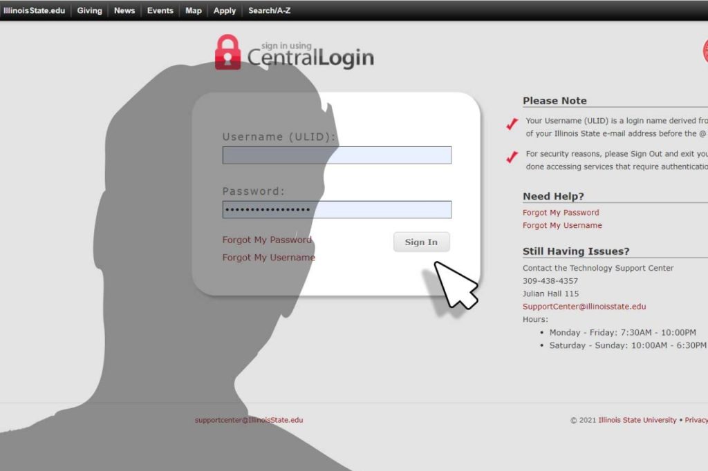 Illustration of a login screen with a looming shadow over it and a pointer icon on the sign in button.