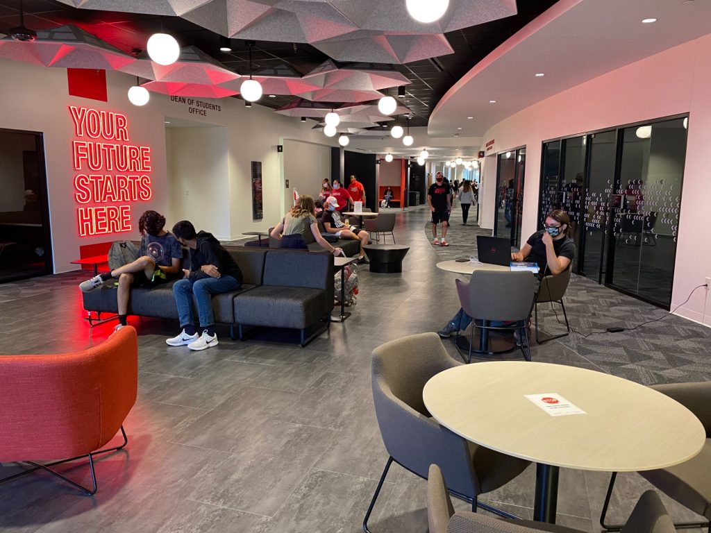 Students lounging on the concourse in the Bone Student Center.