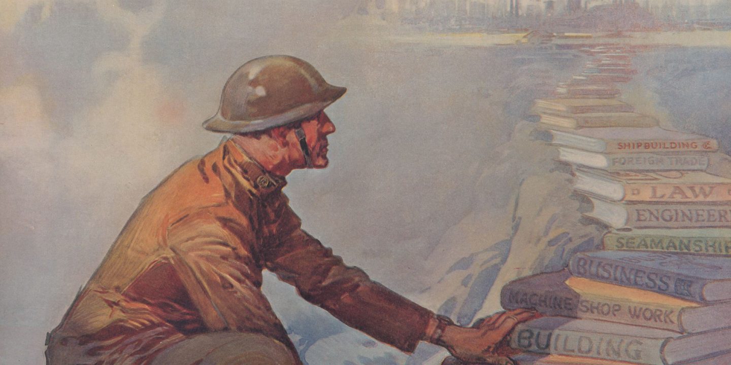 Fall 2017 alumni magazine cover showing an illustrated World War I soldier climbing a stack of books