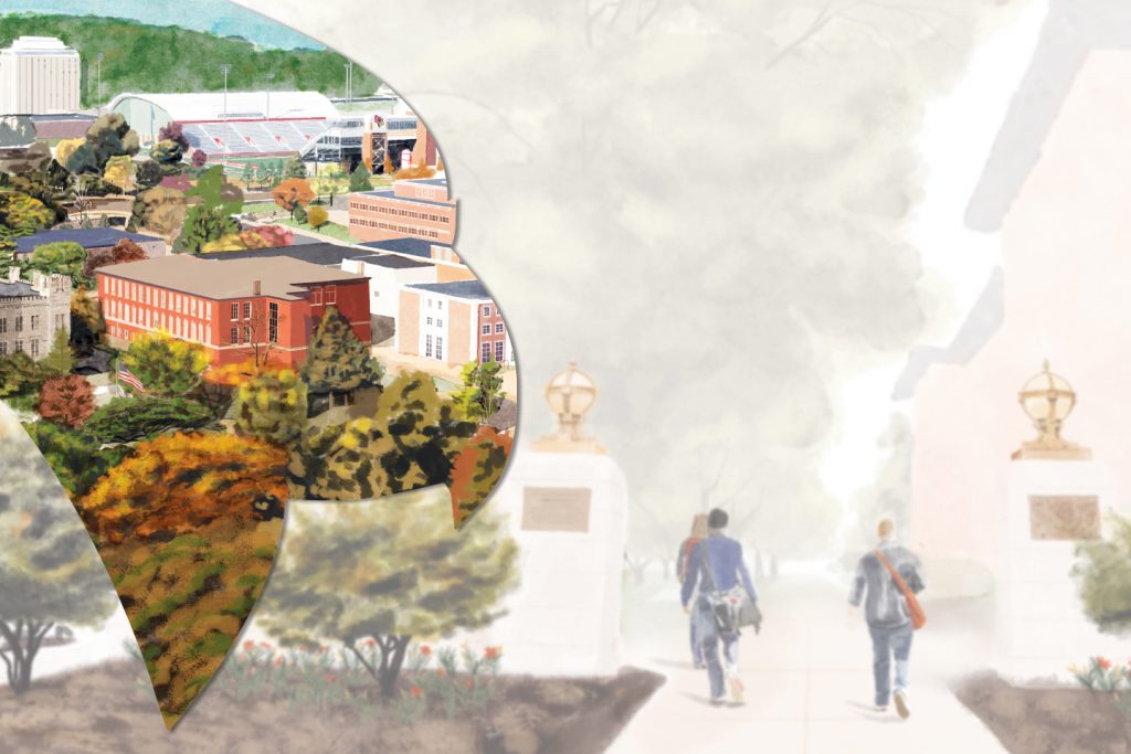 Digital watercolor painting of campus and students walking through the Jesse Fell gates
