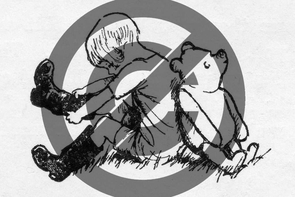 image from A. A. Milne’s Winnie-the-Pooh cira 1926 with the anti-copyright symbol over it